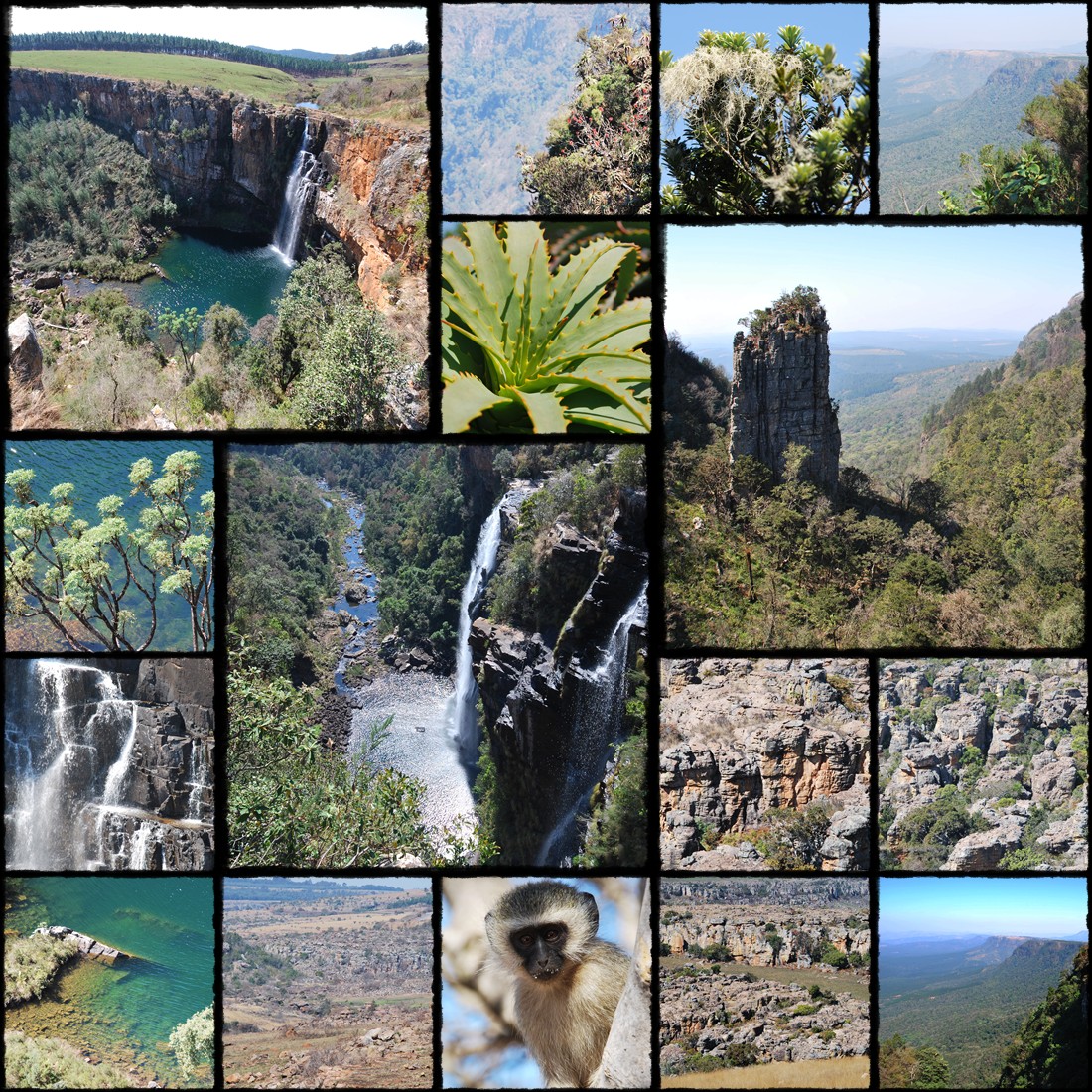 Region Mpumalanga, Mac-Mac Waterfalls, Pilgrim's-Rest, Lisbon Falls, Berlin Falls, The Pinnacle View, God's Window, Blyde River Canyon Nature Reserve, Drakensberg Escarpment, Three Rondavels, alto veld, high veld, drakensberg escarpment